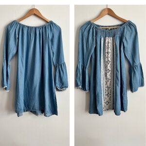 Hint Of Mint Bell Sleeves Chambray Tunic Boho Embroidery Off shoulder Top